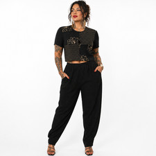 90s Vintage Patchwork Matching Pant Set Womens M Black Floral Elastic Waist Suit