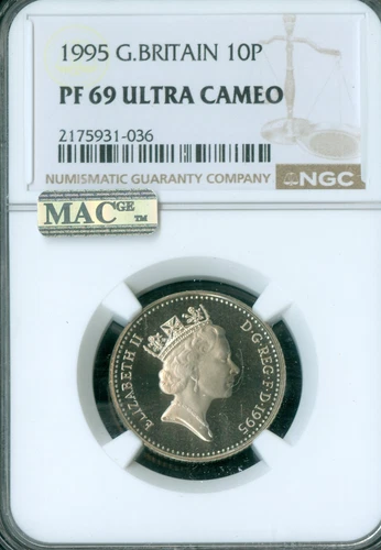 1995 GREAT BRITAIN 10 PENCE NGC PF69 DCAM MAC 2nd FINEST GRADE & SPOTLESS  .