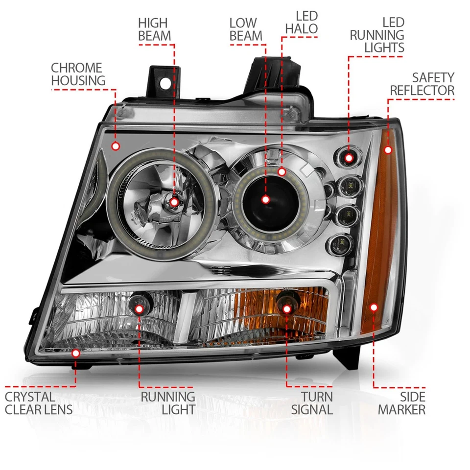 Anzo 111108 Headlight For 2007-2014 Chevrolet Tahoe Left & Right Chrome Housing Foto 4 de 4