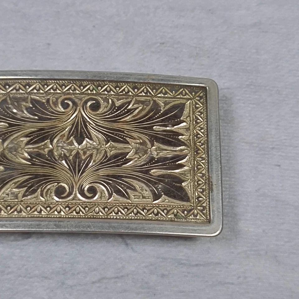 Vintage Nickel Copper Tone Engraved Leather Belt Buckle Western Boho - Image 4 of 4