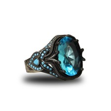 925 Sterling Silver Aquamarine Stone with Turquoise Stones Men Silver Ring,