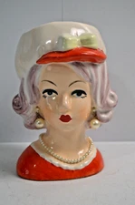 Vintage Head Vase Retro Reproduction Pearl Earring Necklace Red Cap Purple Hair