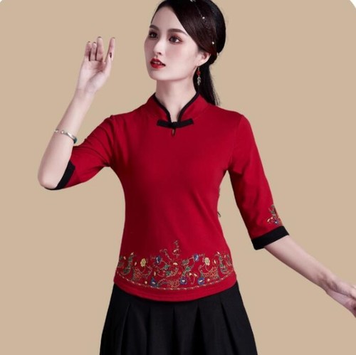 New Women's 3/4 sleeve Embroidery Tops Casual ethnic Shirts Buckle Blouse Cotton - Picture 11 of 12