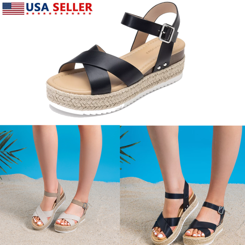 Women Summer Espadrille Wedge Sandals Ankle Strap Open Toe Casual Shoes