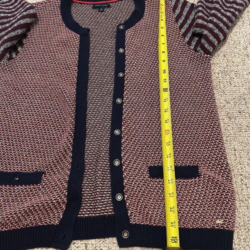Tommy Hilfiger M 100% Cotton Knit Cardigan Sweater Nautical Stripe Red Navy Gold - Picture 8 of 10
