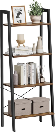 4-Tier Ladder Shelf Bookcase with Steel Frame - Industrial Style Rustic Brown/Bl - Picture 1 of 8