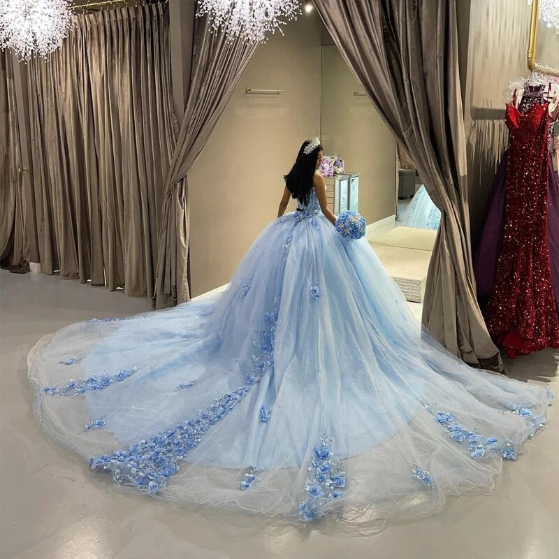 Sky Blue Quinceanera Sweetheart 3D Flower Lace Dress Ball Gown Crystal Sweet 15 Sky Blue Quinceanera Sweetheart 3D Flower Lace Dress Ball Gown Crystal Sweet 15