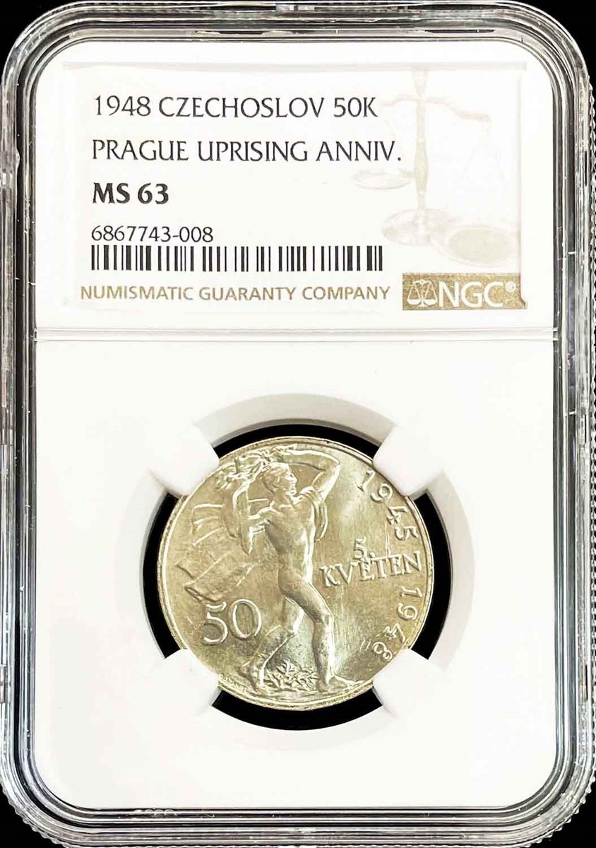 1948 SILVER CZECHOSLOVAKIA 50 KORUN PRAGUE COIN NGC MINT STATE 63