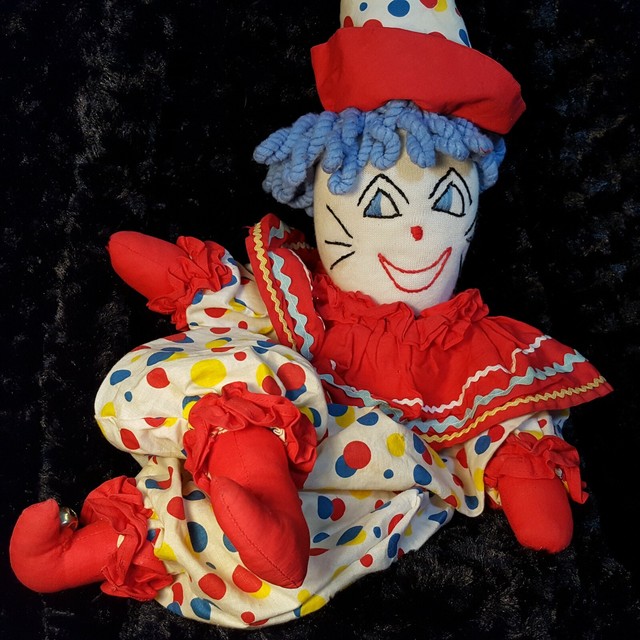Vtg Handmade CLOTH Floppy CLOWN Doll w/WONDERBREAD SuitBells