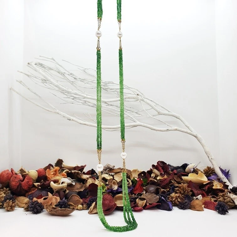 Multifilo Infije Halskette Aus 18K Gelbgold Mit Flussperlen Und Grünen Gewichten - Bild 2 von 4