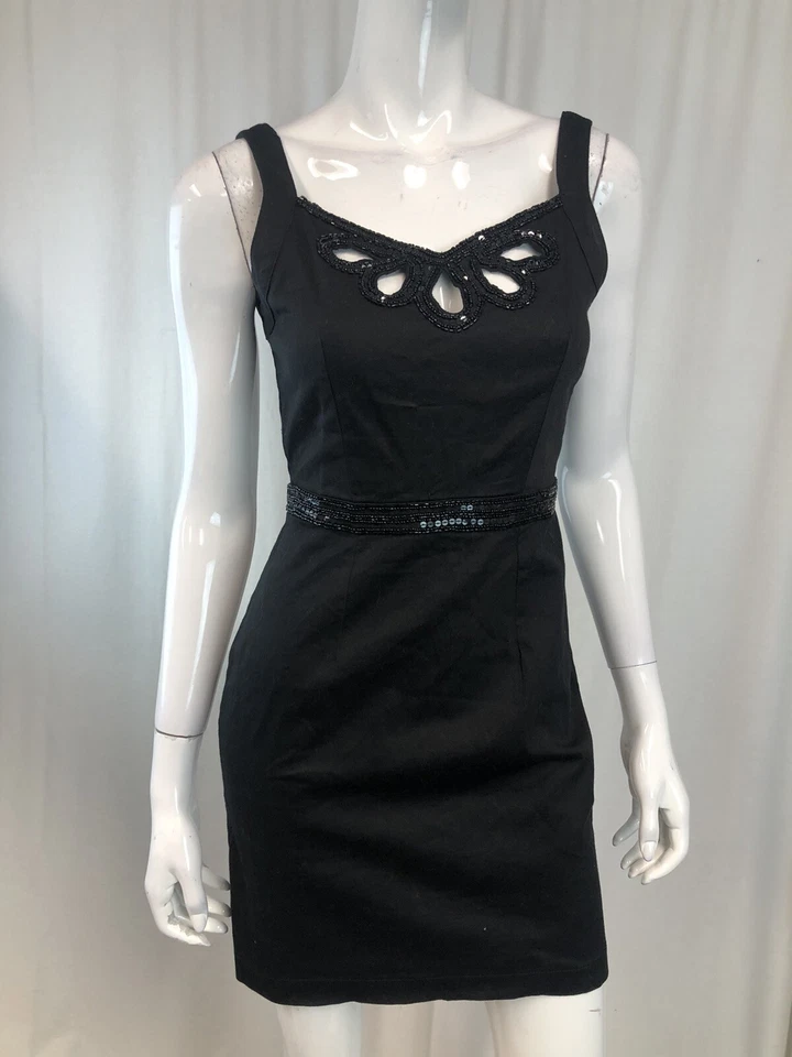 Yumi 2 4 Black Sequin Beaded Cotton Stretch Cut Out Sheath Vintage Mini Dress - Image 3 of 4