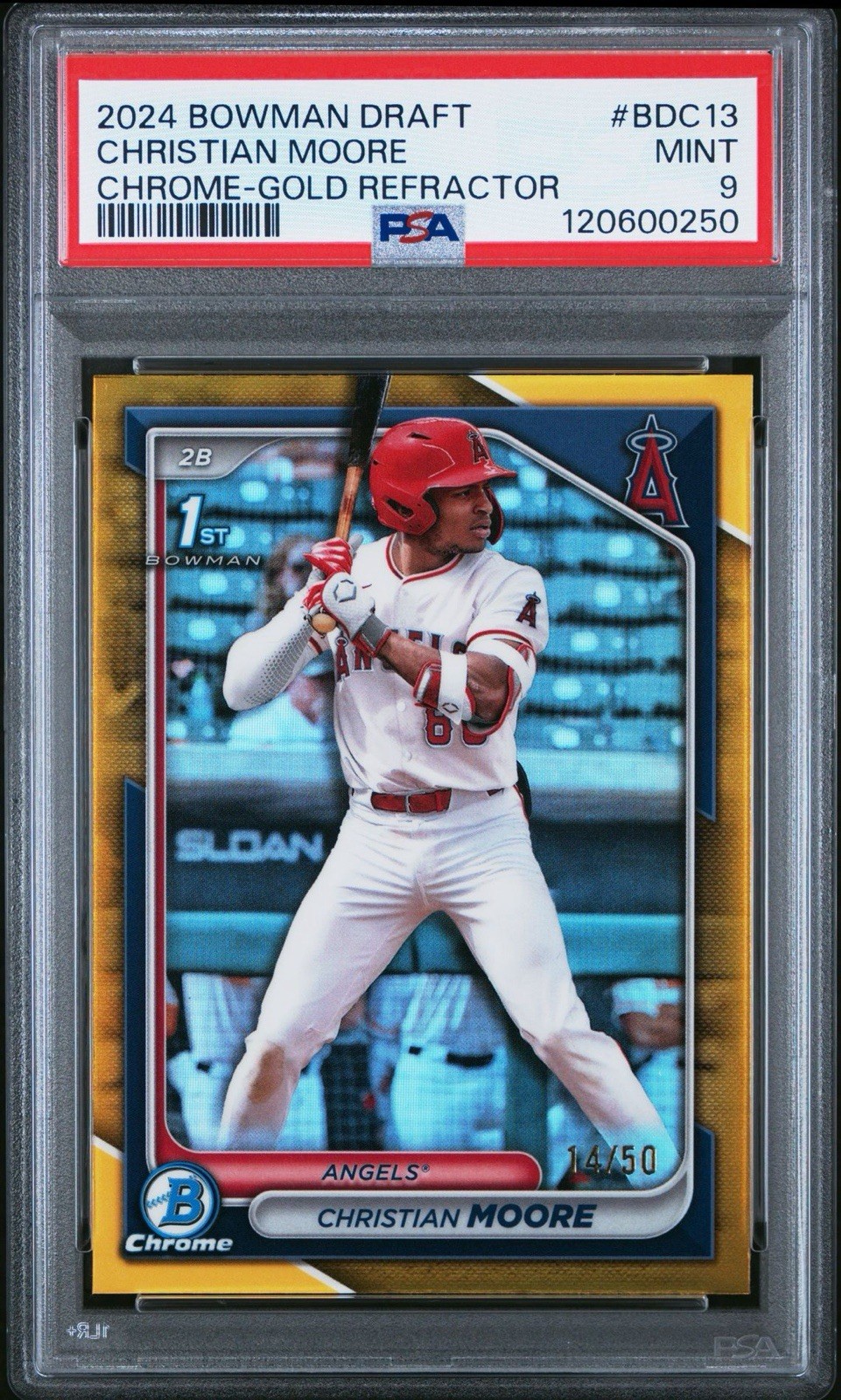 2024 Bowman Draft #BDC-13 Christian Moore Chrome Gold Refractor /50 1st RC PSA 9