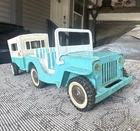 Vintage Tonka Jeep w/ NYLINT Tin Vacationer Camper Trailer 1960 Toy Vehicle