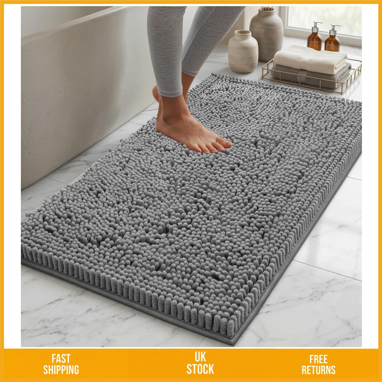 Plush Shaggy Microfiber Absorbent Bath Mat Light Grey, 42 x 60 cm