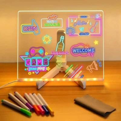 LED Note Board with Night Light & 7 Pens - Kids Drawing & Message Board