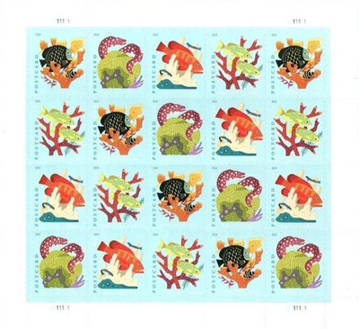 2019 USPS SHEET OF 20 POSTCARD STAMPS CORAL REEFS 61¢ - UV Tested