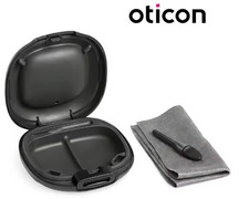 Oticon Hard Plastic Hearing Aid Case w/ Cleaning Brush and Cloth  USA Seller 