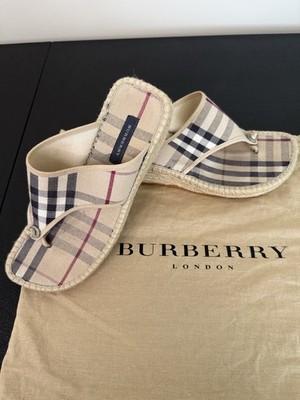 Burberry Women's Check Wedge Thong Sandals Slip-On Button Accent Beige Black Red