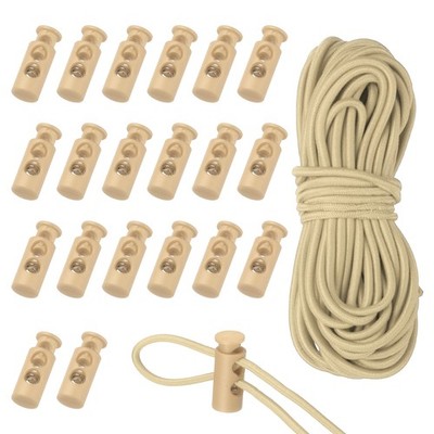 20 Pcs Plastic Cord Locks & 16 ft Elastic Cord, Double-Hole Toggles, Khaki