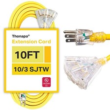 10 Ft Lighted Outdoor Extension Cord -3 Power Outlets-10/3 Yellow 10 Gauge Cable