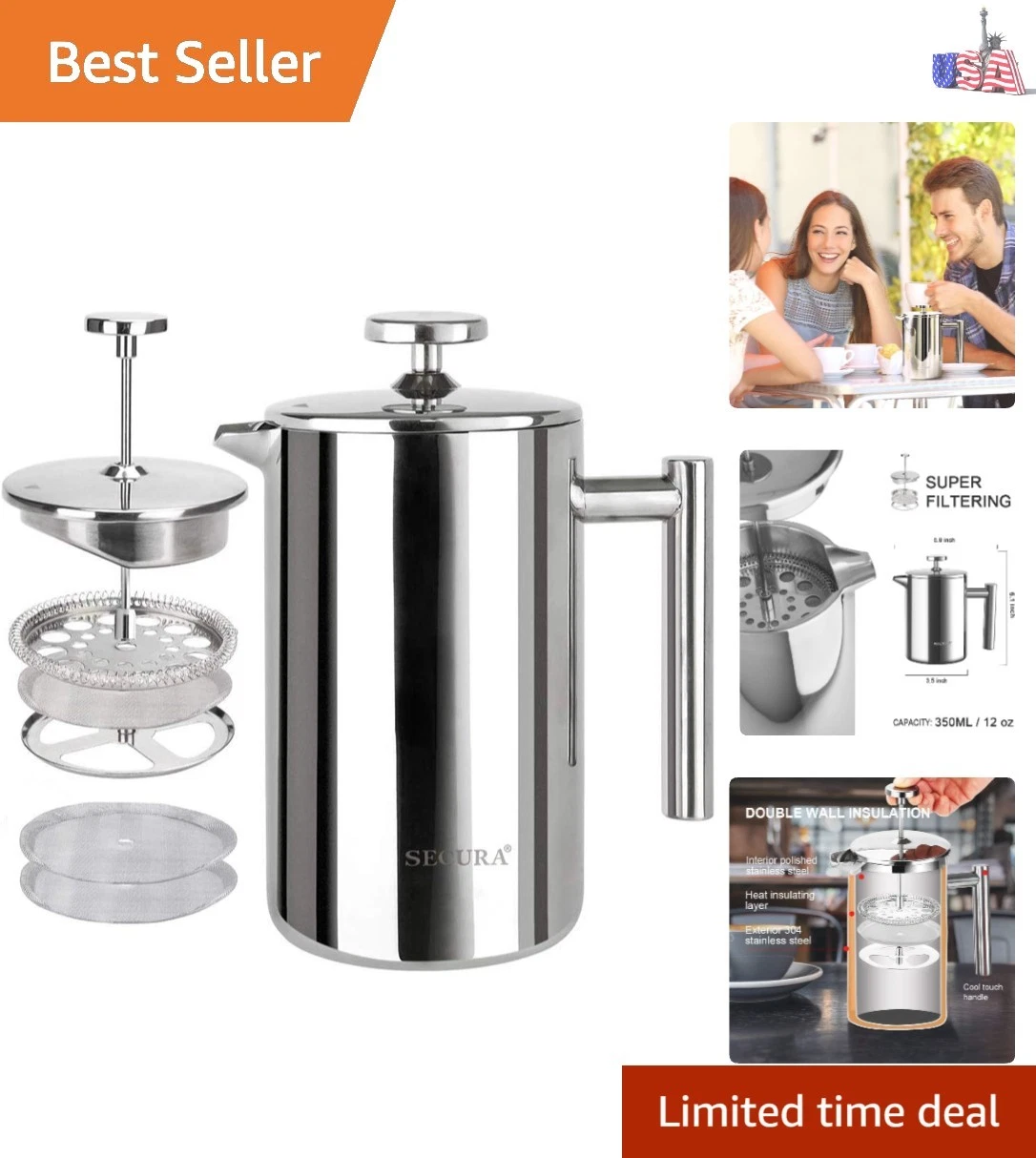 French Press Coffee Maker, 304 Grade Stainless Steel Insulated Coffee Press w...