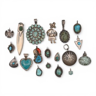 19 VINTAGE SOUTHWESTERN TURQUOISE RED CORAL PENDANT LOT STERLING SILVER SIGNED