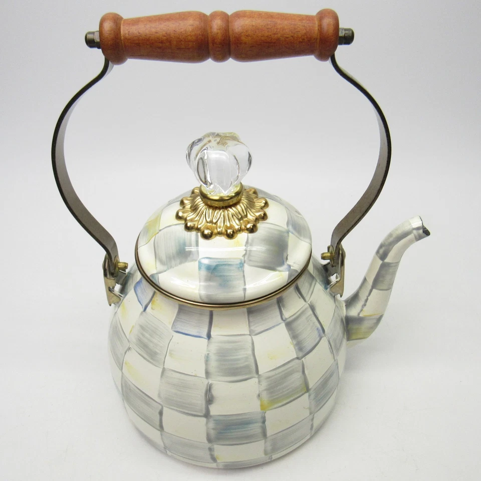 Tetera decorativa MacKenzie Childs esmalte a cuadros esterlina 2 cuartos de galón Foto 3 de 4