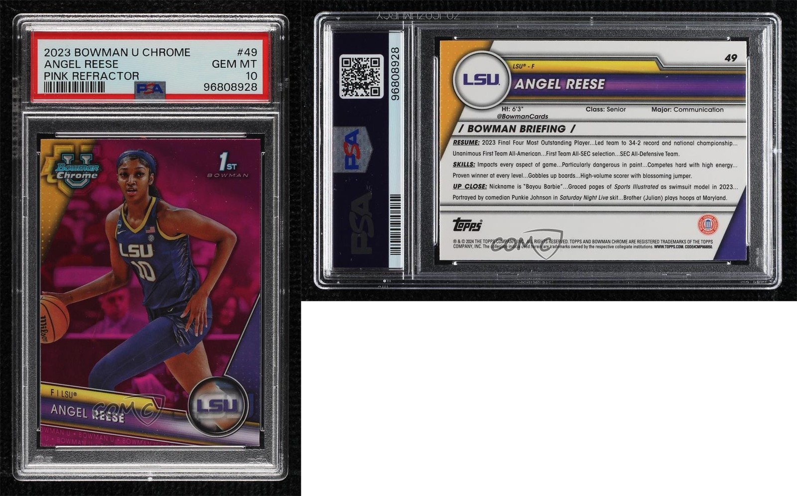 2023-24 Bowman U Chrome Pink Refractor Angel Reese #49 PSA 10 GEM MT view 3