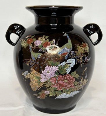 Japanese Vintage black ceramic vase Hand Painted peacock and floral design, 8 