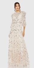 NWT Mac Duggal 93805 Sz 4 Floral Applique Puff Sleeve High Neck Gown