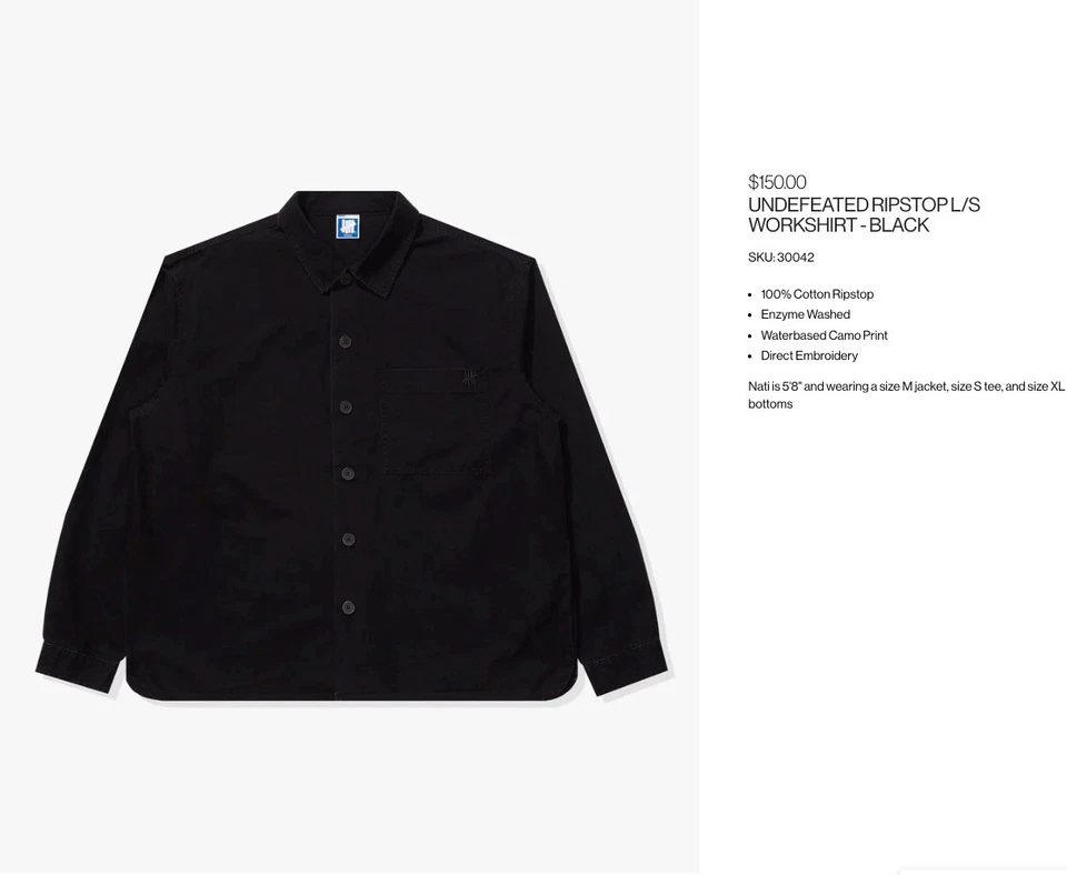 Camisa de Trabajo Undefeated Ripstop Negra Nueva Con Etiquetas-Grande Foto 2 de 3