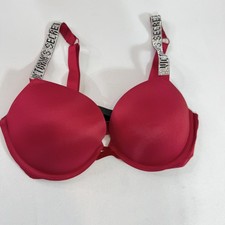 Victoria's Secret Bra Womens 34D Red Very Sexy Push Up Rhinestone Logo Straps