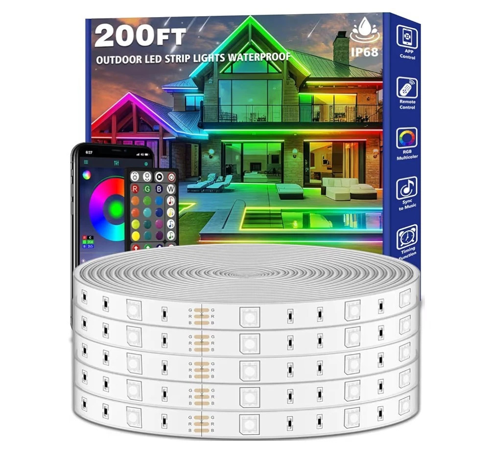 200ft Outdoor RGB LED Strip Lights Waterproof IP68 Music Sync App & Remote