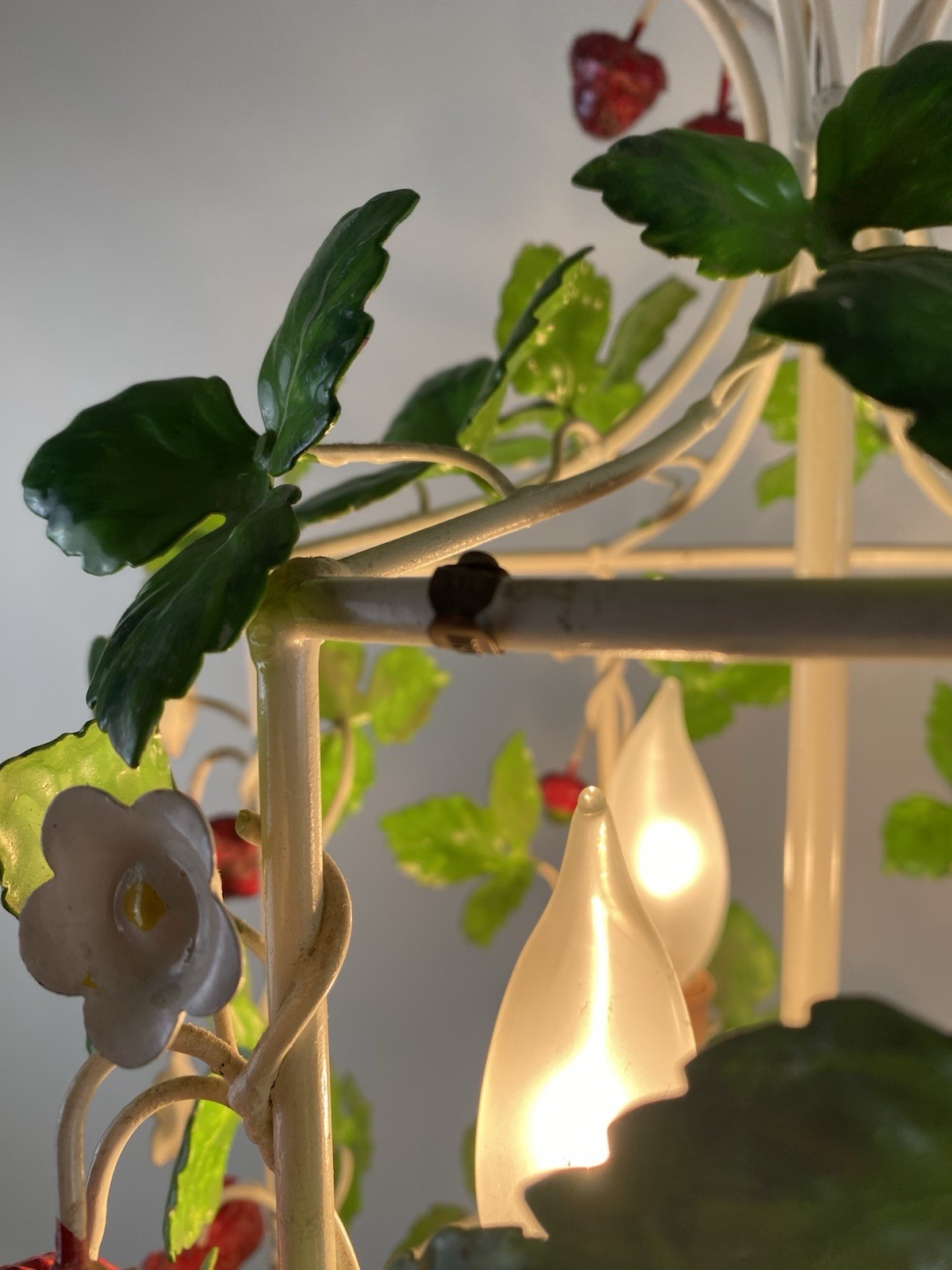 Vintage Italian Tole Strawberry Chandelier Fixture Birdcage Metal Three Sockets