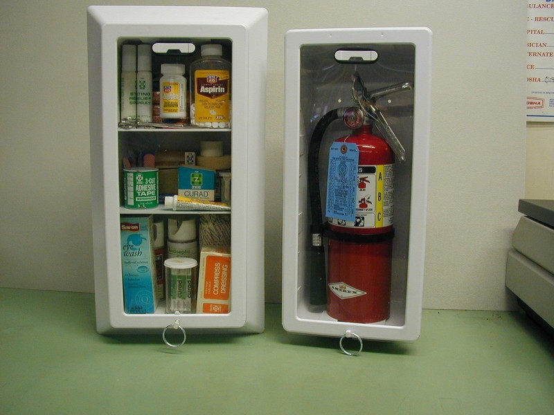 Fire extinguiser cabinet, plastic,  3 shelves included for optional safety use.