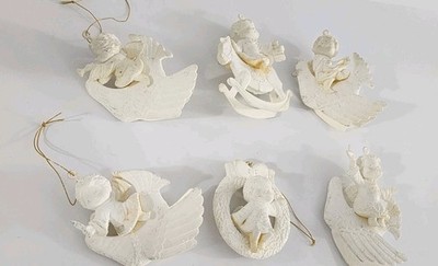 Lot Of 6 Vintage Off White Cherub Angel Christmas Tree Ornaments Resin 