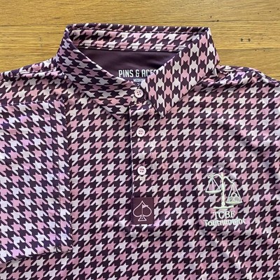 Pins & Aces Polo Shirt Mens Medium Pink Purple Houndstooth TCBF Tournament Golf