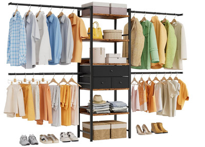 Dunatou 118'' Walk-in Closet System with Drawer, Fits Space 4-10FT, Metal and Wo