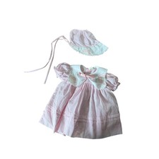 Vintage pink and white striped floral embroidered infant dress with bonnet