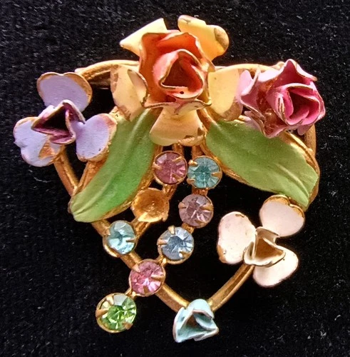 Vintage Costume Jewelry Austrian Heart Shaped,  Flowers w/ Crystals Brooch Pin