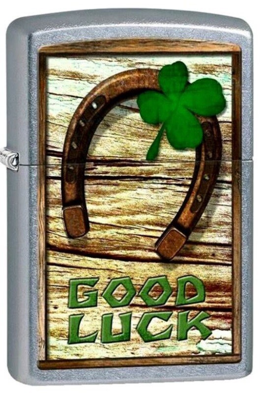 ZIPPO LIGHTER - GOOD LUCK HORSESHOE & CLOVER - STREET CHROME - NEW MADE IN USA