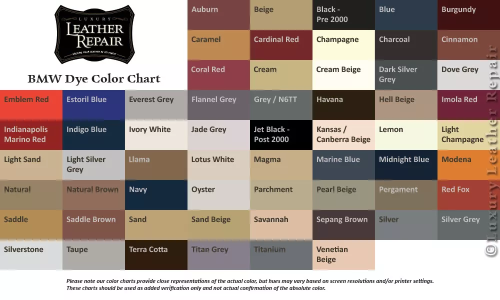 BMW Leather Dye Colors, Vinyl Colors - Classic Dye Products