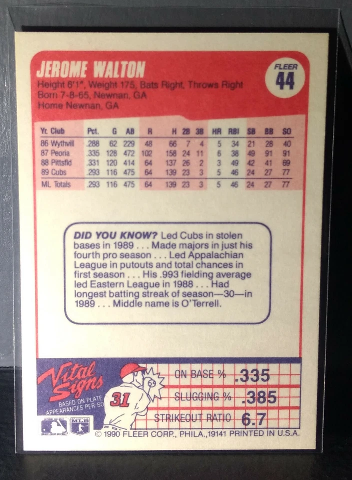 1990 Jerome Walton Fleer Baseball Card #44 - Image 2 of 2