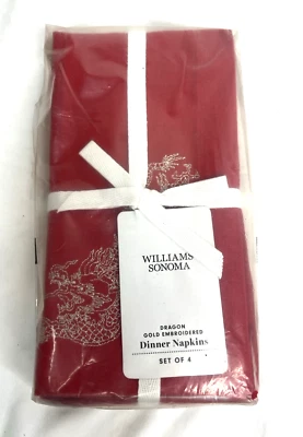 WILLIAMS-SONOMA Williams Sonoma Lunar New Year Gold Dragon Embroidered Red Dinner Napkins Set 4