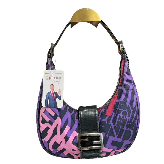 Fendi FF Croissant Graffiti Monogram Purple Black Patent Leather Sterling Should