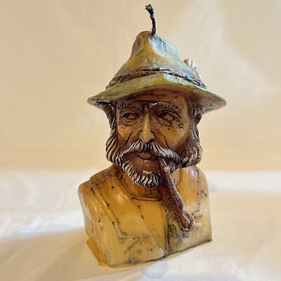 Vintage Wax Candle Sculpture Of Old Man W/ Beard Face Smoking A Pipe . Rare Find
