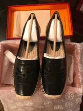 NIB Tory Burch Ines Platform Espadrille Leather Flats BLACK US 8.5 AUTHENTIC