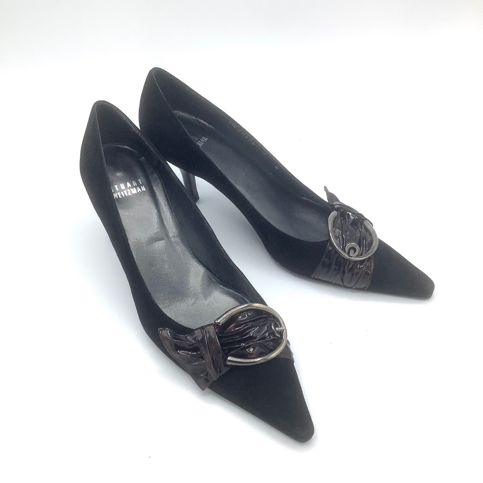 Stuart Weitzman Shoes Sz 7 Black Pointed Toe Buckle Suede Pump Heels