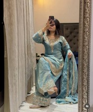 Exclusive Pure Silk Sky Blue Top Palazzo With Dupatta For Wedding  Party