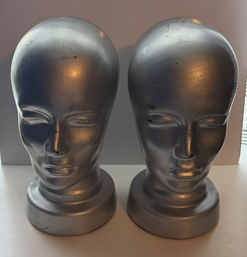 Pair Vintage 12" West Germany Ceramic Mannequin Heads Silver Display Bust